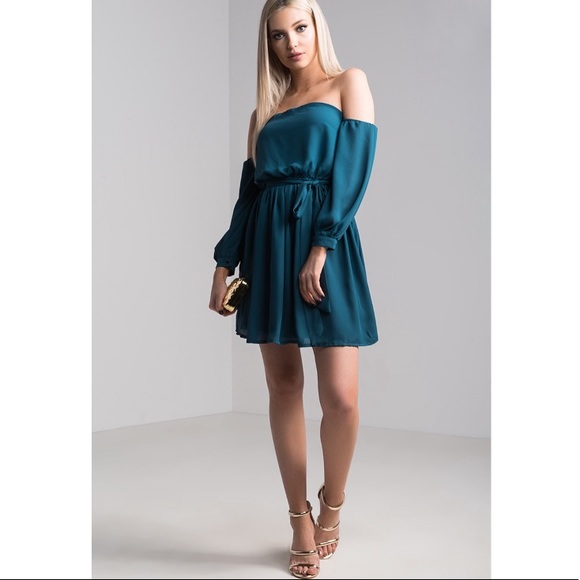PetalRoz Dresses & Skirts - Teal Flowy Off The Shoulders Sleeved Dress